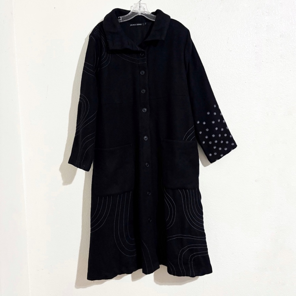 Gudrun Sjoden Orion Long Wool Blend Embroidered Coat in‎ Black